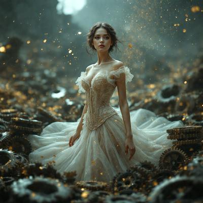 The primary subject of the image is a woman dressed in a white gown, standing in a field surrounded by gold glitter. The setting appears to be a forest, with the woman standing in the middle of the scene. The visual style of the image is a combination of photo and digital art, creating a surreal and dreamy atmosphere. The colors and mood of the image are predominantly white and gold, giving the scene a sense of elegance and magic.